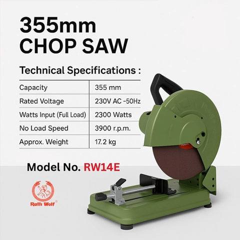 Ralli Wolf RW14 2300W 355mm cut-off machine for steel pipes, TMT rods and aluminium section cutting