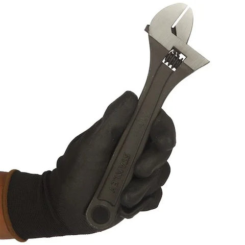 Stanley STMT74894-8 8 Inch (200mm) Adjustable Wrench with forged Chrome Vanadium steel, black phosphate finish, laser-etched jaw scale, and built-in tension spring. Ideal for plumbing, automotive repair, workshops, and industrial maintenance.