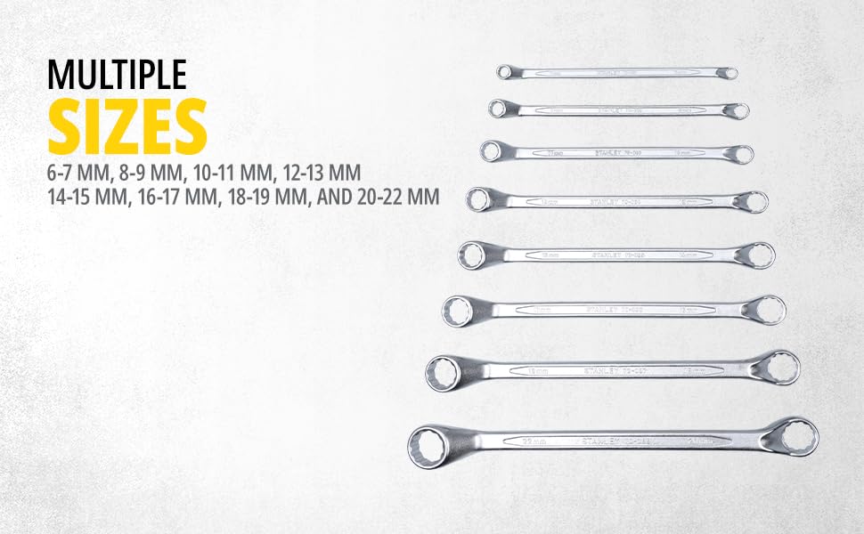 Stanley 70-394E 8 Pcs Shallow Offset Ring Spanner Set made from Chrome Vanadium steel with Maxi-Drive™ BI-Hex technology. Ideal for automotive repair, workshops, garages, and industrial maintenance.