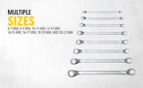 Stanley 70-394E 8 Pcs Shallow Offset Ring Spanner Set made from Chrome Vanadium steel with Maxi-Drive™ BI-Hex technology. Ideal for automotive repair, workshops, garages, and industrial maintenance.
