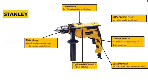 Stanley, Stanley SDH550N, 13mm Hammer Drill, 550W Hammer Drill, Hammer Drill Machine, Impact Drill Machine, Stanley Hammer Drill, Electric Hammer Drill, Power Drill Machine, Variable Speed Drill, 13mm Drill Machine, Concrete Drilling Machine, Metal Drilling Machine, Wood Drilling Machine, Masonry Drill, Construction Drill Machine, Workshop Drill, Carpentry Power Tool, Fabrication Drill, Maintenance Power Tool, Rotary Hammer Drill, Impact Drilling Machine, 550W Power Drill, DIY Hammer Drill, Professional Ham