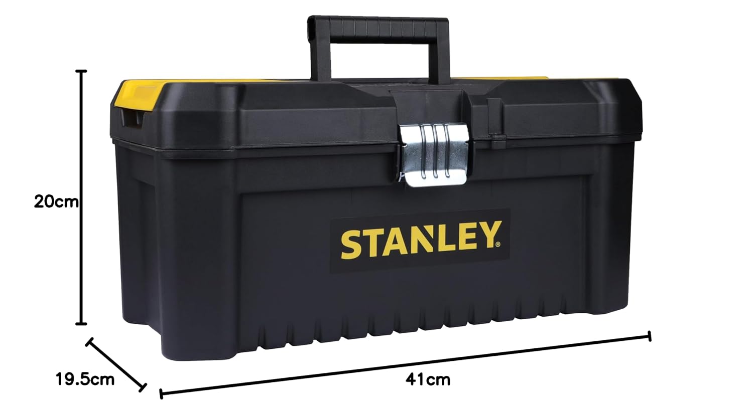 Stanley STST75518-8 16 inch 8 litre plastic toolbox with metal latches, removable tote tray and organizers for workshop and home tool storage