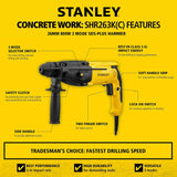 Stanley SHR263K 26mm 800W 3-mode SDS-Plus hammer drill with 3.4J impact energy for concrete and masonry