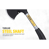 The Stanley 54-105 560g (20 Oz) Camp Axe features a hardened carbon steel head and durable steel shaft for reliable wood-cutting performance.