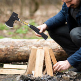 The Stanley 54-105 560g (20 Oz) Camp Axe features a hardened carbon steel head and durable steel shaft for reliable wood-cutting performance.