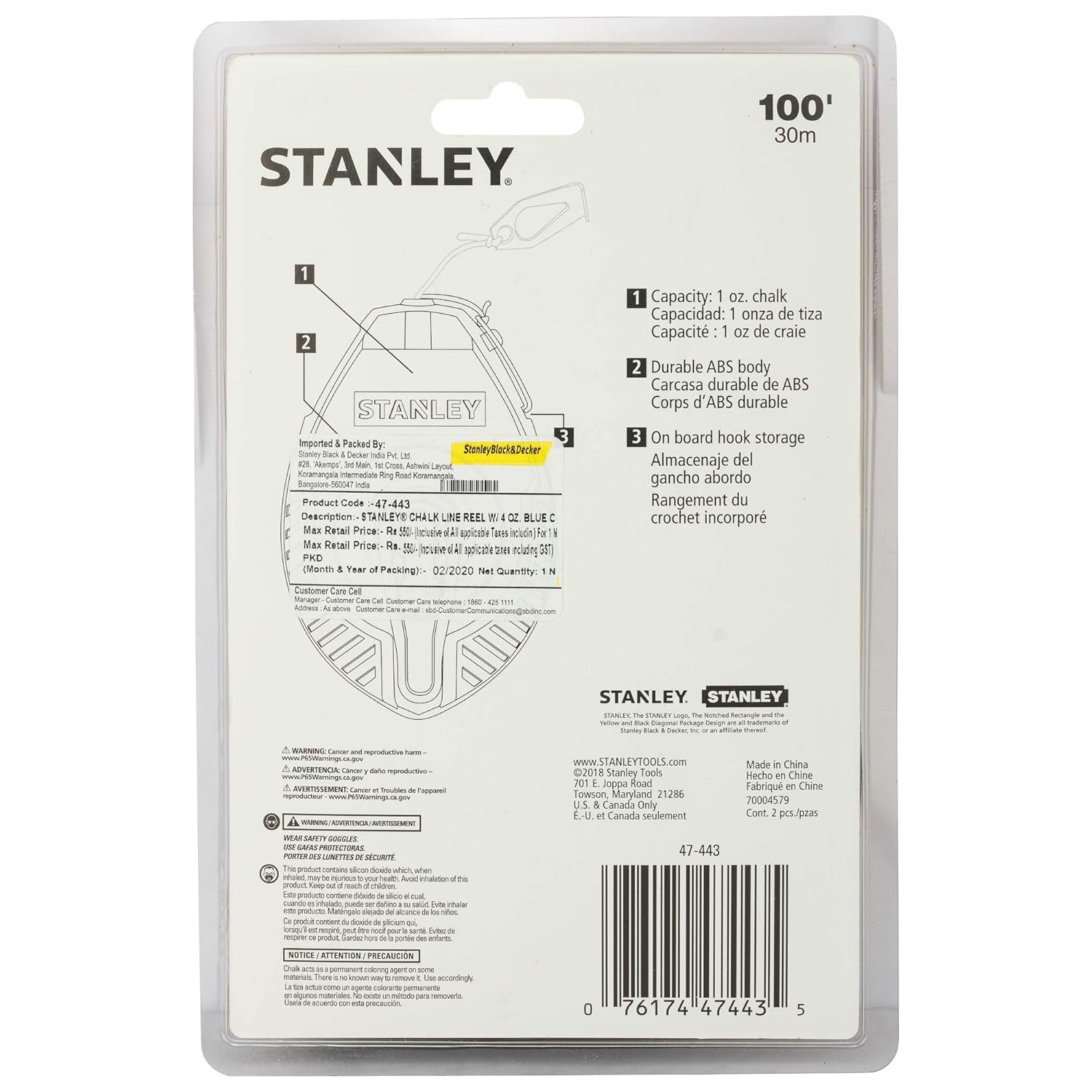 Stanley STHT47-443 30M Chalk Line Set with Blue Chalk and Line Level for Construction Carpentry Masonry Roofing and Layout Marking
