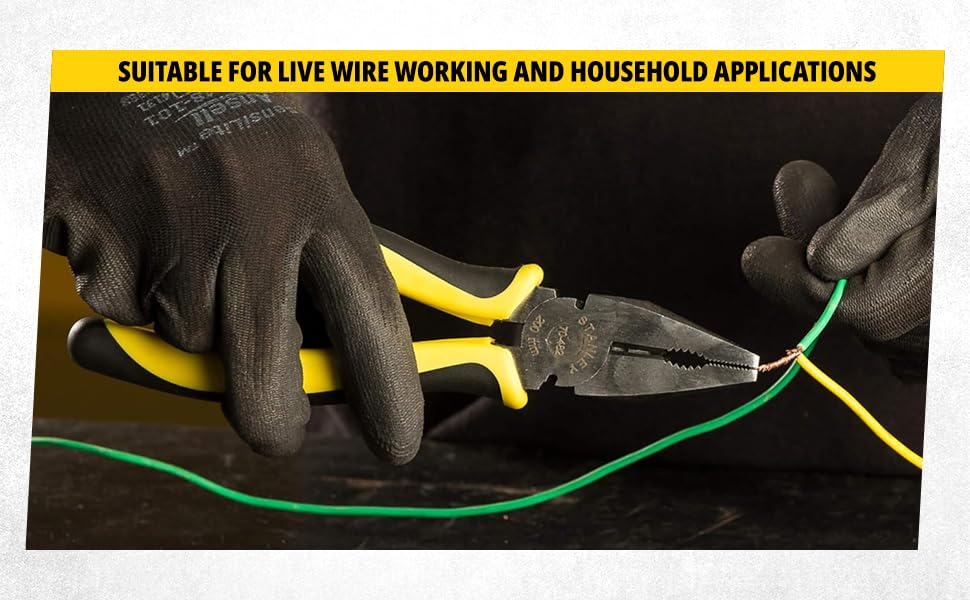Stanley 70-482 8 inch combination plier with bi-material handle and serrated jaws for electrical automotive and workshop maintenance