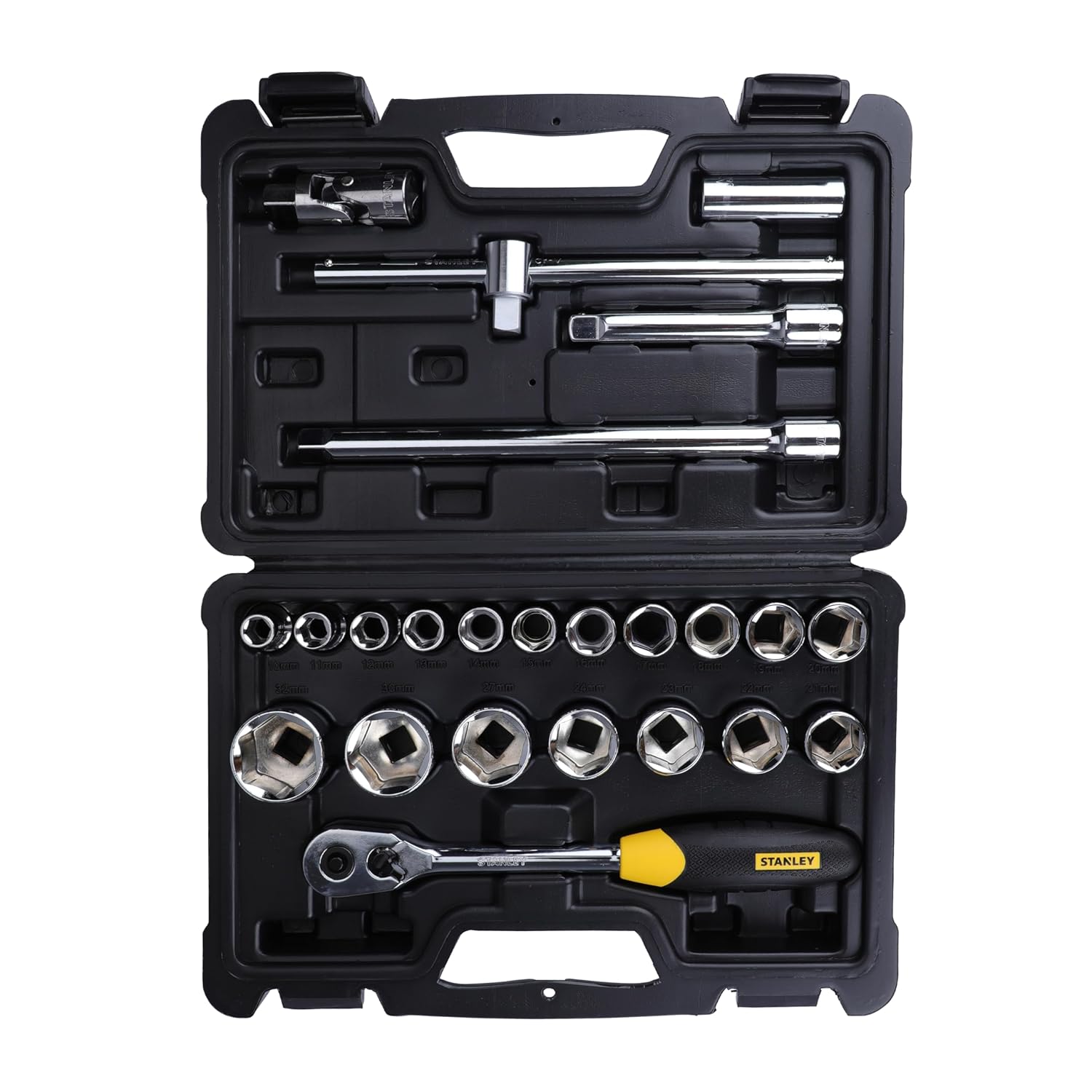 Stanley STMT72795-8 24 piece 1/2 inch drive metric 6 point socket set with 72 tooth ratchet