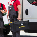 Stanley STST75518-8 16 inch 8 litre plastic toolbox with metal latches, removable tote tray and organizers for workshop and home tool storage