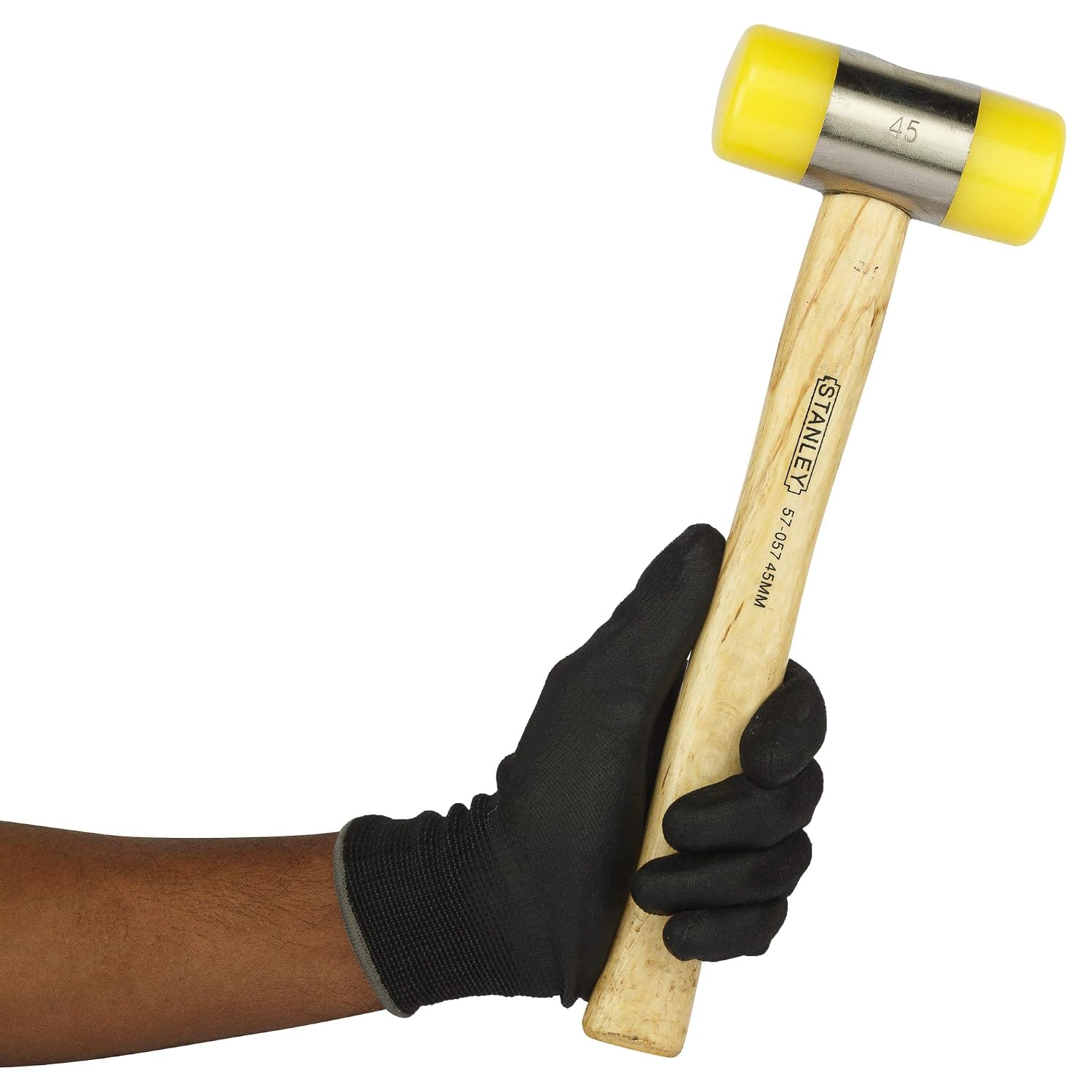 The Stanley 57-057 45mm Soft Face Hammer features a durable soft face and comfortable wooden handle for controlled, non-marring impact.