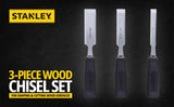 Stanley 16-089 3-piece professional wood chisel set with hardened steel blades for carpentry woodworking and furniture repair