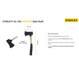 The Stanley 54-105 560g (20 Oz) Camp Axe features a hardened carbon steel head and durable steel shaft for reliable wood-cutting performance.