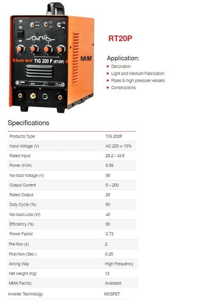 Ralli Wolf RT20P TIG200P pulse DC inverter welding machine. TIG & MMA function, digital meter, 2T/4T, pulse control. Ideal for precision welding.