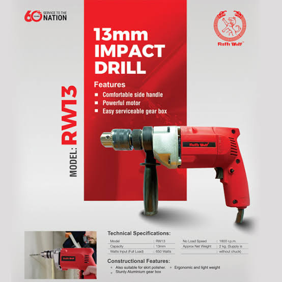 RALLIWOLF RID13 13mm Impact Drill 650W Variable Speed Reversible Rotary Drill for Masonry and General Drilling Applications