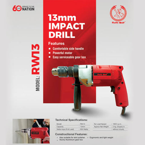 RALLIWOLF RID13 13mm Impact Drill 650W Variable Speed Reversible Rotary Drill for Masonry and General Drilling Applications