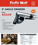 Ralli Wolf AG449 pneumatic angle grinder — 125mm disc, 11000 RPM, heat-treated gear for durability. Ideal for metalworking