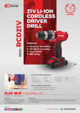 Buy Ralli Wolf RCD21V 21V Li-Ion Cordless Driver Drill with 1500mAh battery, 30Nm torque, 1450 RPM, LED light and 10mm steel capacity.
