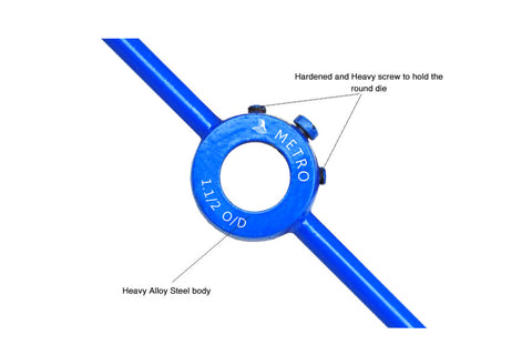 Metro Round Die Handles — heavy alloy steel body, hardened screw, 13/16" to 2". For manual die turning