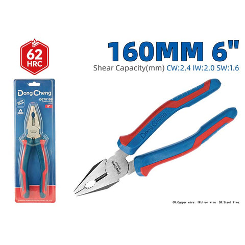 DONGCHENG Combination Pliers 6 Inch (160 mm) – 62 HRC High Hardness Cutting Pliers with Two-Color Anti-Slip Handle for Electrical & General Maintenance