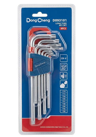 DongCheng HD093101 9-Piece Long Arm Chrome-Plated Chrome Vanadium (CR-V) Torx Star Key Set (T10–T50)