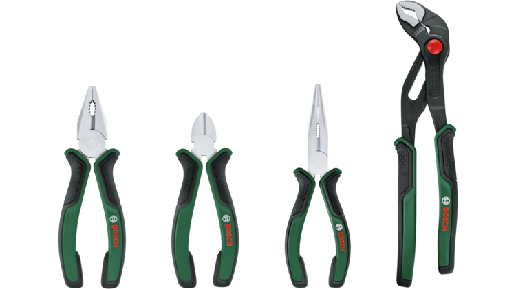 Bosch Pliers Set 4-Piece | Combination, Long-Nose, Side Cutter & Water Pump Pliers | 1600A02W7K