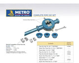 Metro Complete Pipe Die Set — hardened alloy steel, BSP/BSC, 1/2" to 3" range. Complete kit with spare dies & bushes. 