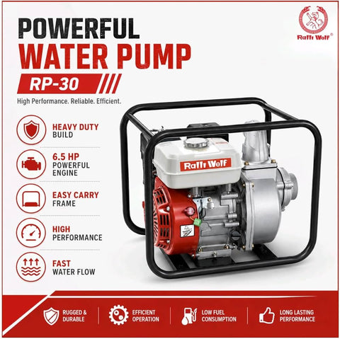 Ralli Wolf RP30 3-inch petrol water pump — 6.5HP, 168F engine, 28M head lift. Ideal for irrigation & dewatering.