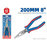 DongCheng Long Nose Pliers 8 Inch / 200mm, 62 HRC High Hardness, Copper/ Iron/ Steel Wire Cutting Capacity, Two-Color Handle