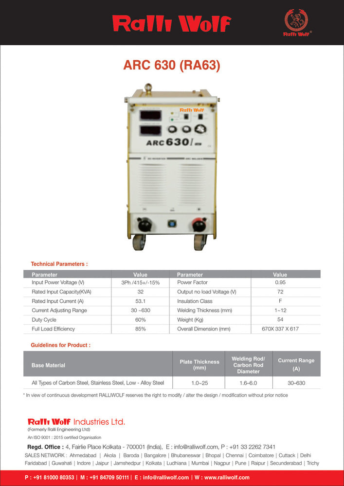 Ralli Wolf RA63 ARC630 heavy duty IGBT welding machine. 630A output, high penetration, ideal for coal mines, oil refineries & heavy fabrication.