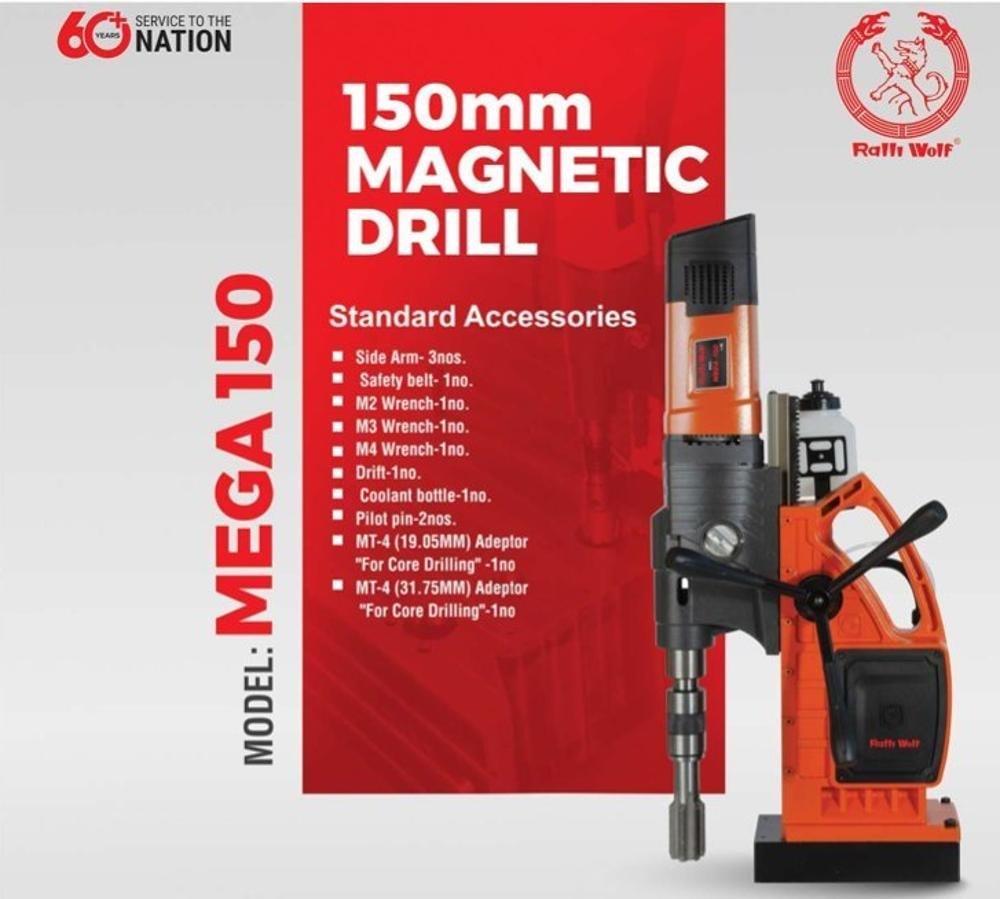 Ralli Wolf Mega 150 150mm Magnetic Core Drill Machine – 3080W Variable/Reversible Heavy Duty Magnetic Drilling Machine with 24500N Magnetic Adhesion, MT4 Adaptor (230V)