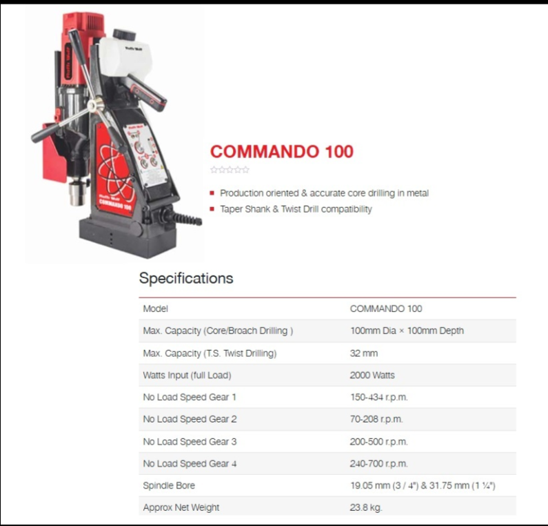 Ralli Wolf Commando 100 New 100mm Magnetic Core Drill Machine – 2000W Variable/Reversible Speed Heavy Duty Magnetic Drilling Machine with 20000N Magnetic Adhesion, MT3 Adaptor (230V)
