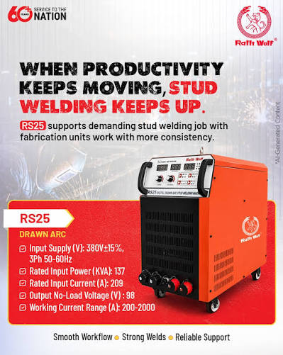 Ralli Wolf RS25 digital drawn arc stud welder — 415V, doubles as 2500A MMA rectifier. For steel structure fabrication