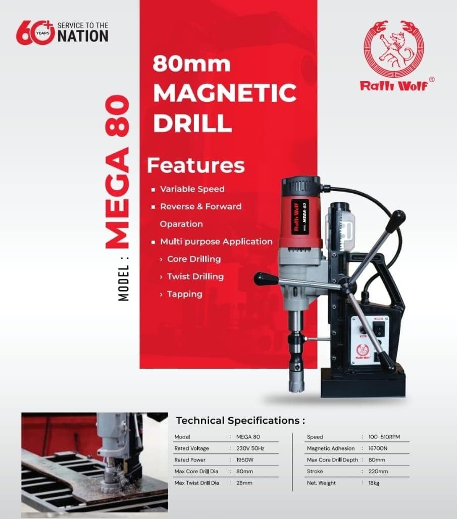 Ralli Wolf Mega 80 80mm Magnetic Core Drill Machine – 1950W Variable Speed Reverse & Forward Magnetic Drilling Machine with 16700N Max Attraction, MT3 Taper (230V)