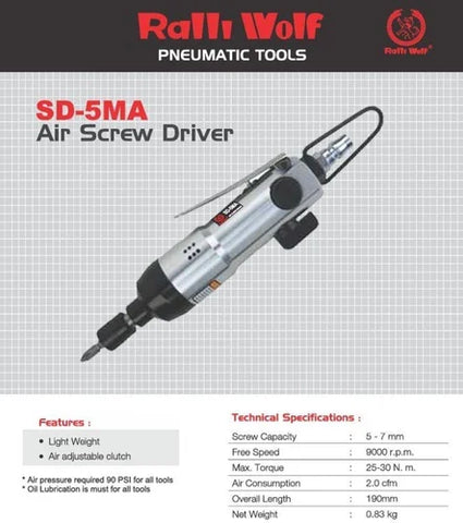 Ralli Wolf SD5MA pneumatic air screwdriver — 6-7mm capacity, 9000 RPM, adjustable clutch. Ideal for assembly line fastening