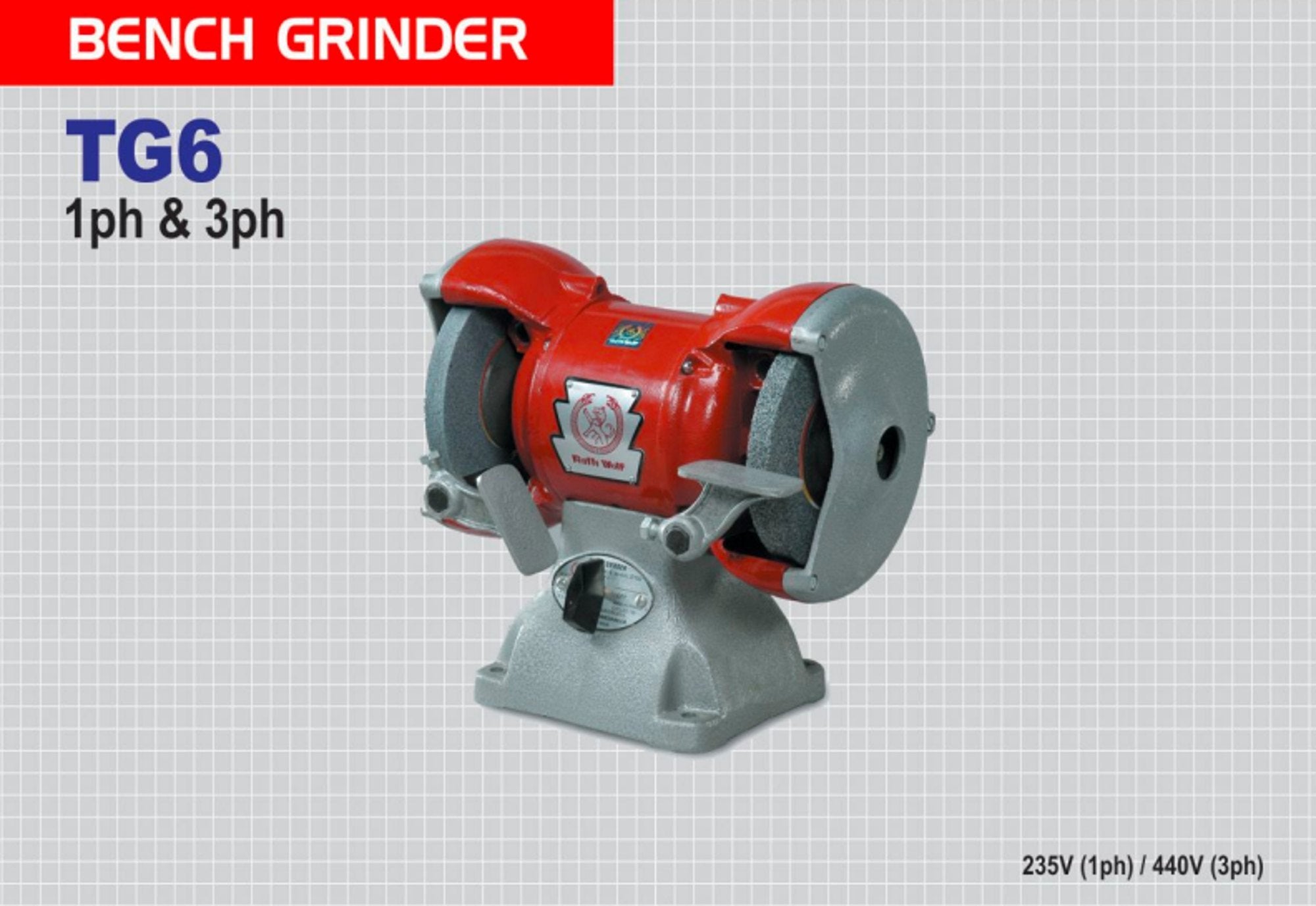 Ralli Wolf TG6 150mm tool room bench grinder machine, buy 6 inch bench grinder single phase 3 phase online India, Ralli Wolf 2950 rpm heavy duty bench grinder price, 150mm tool sharpening bench grinder machine India, industrial double ended bench grinder 235V 440V