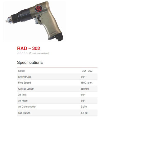Ralli Wolf RAD302 pneumatic reversible drill — 3/8" capacity, 1800 RPM. Powerful motor holds speed under load